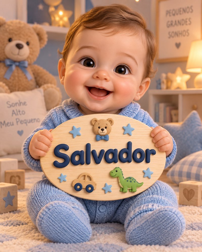 Ilustração de bebê segurando plaquinha com o nome Salvador