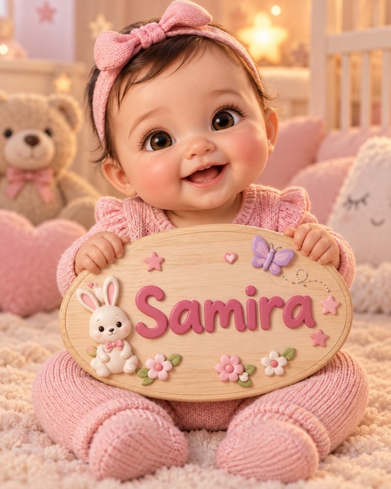 Ilustração de bebê segurando plaquinha com o nome Samira