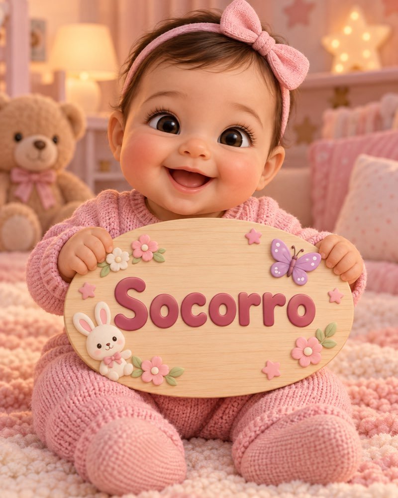 Ilustração de bebê segurando plaquinha com o nome Socorro