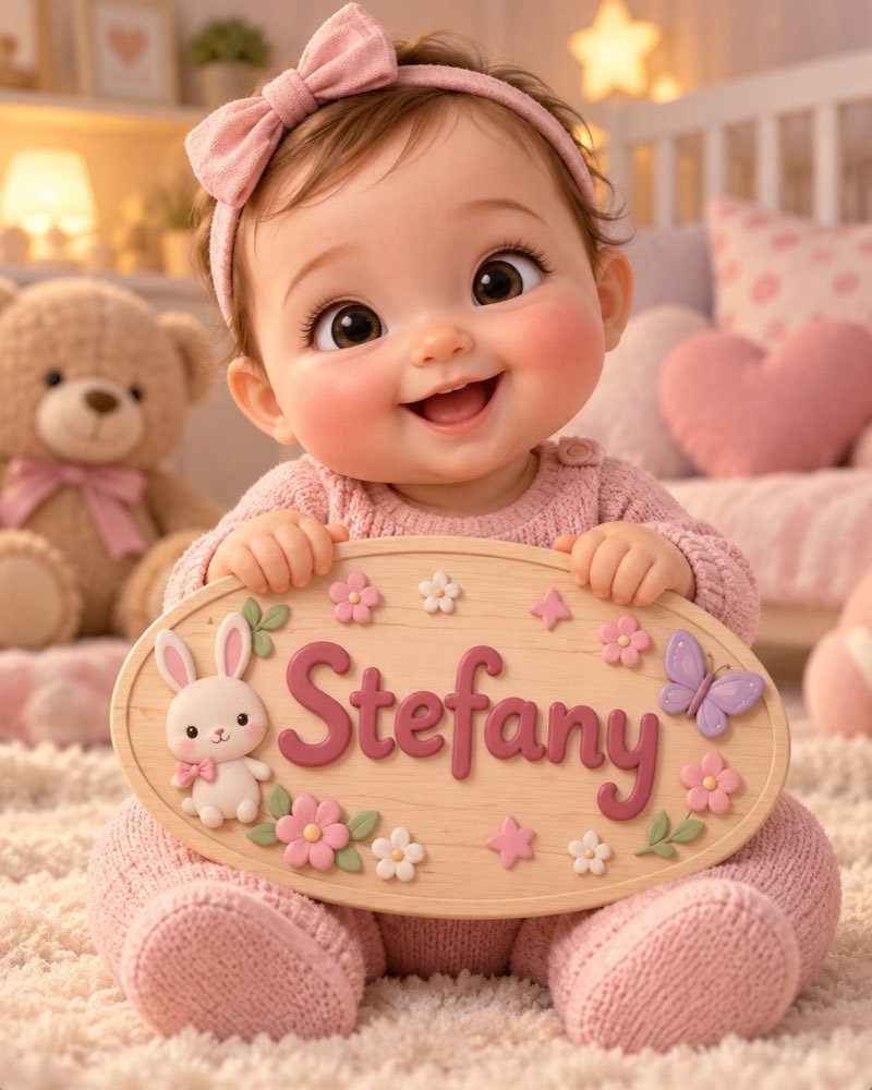 Ilustração de bebê segurando plaquinha com o nome Stefany