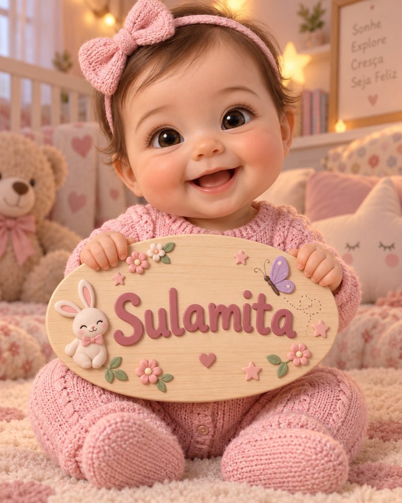 Ilustração de bebê segurando plaquinha com o nome Sulamita