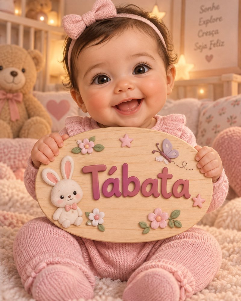 Ilustração de bebê segurando plaquinha com o nome Tábata