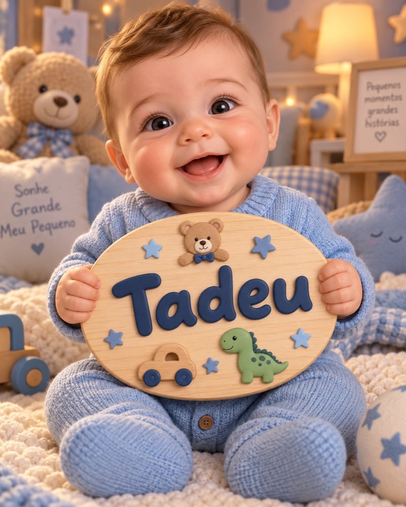 Ilustração de bebê segurando plaquinha com o nome Tadeu