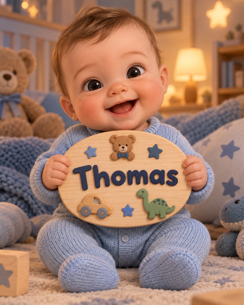 Ilustração de bebê segurando plaquinha com o nome Thomas