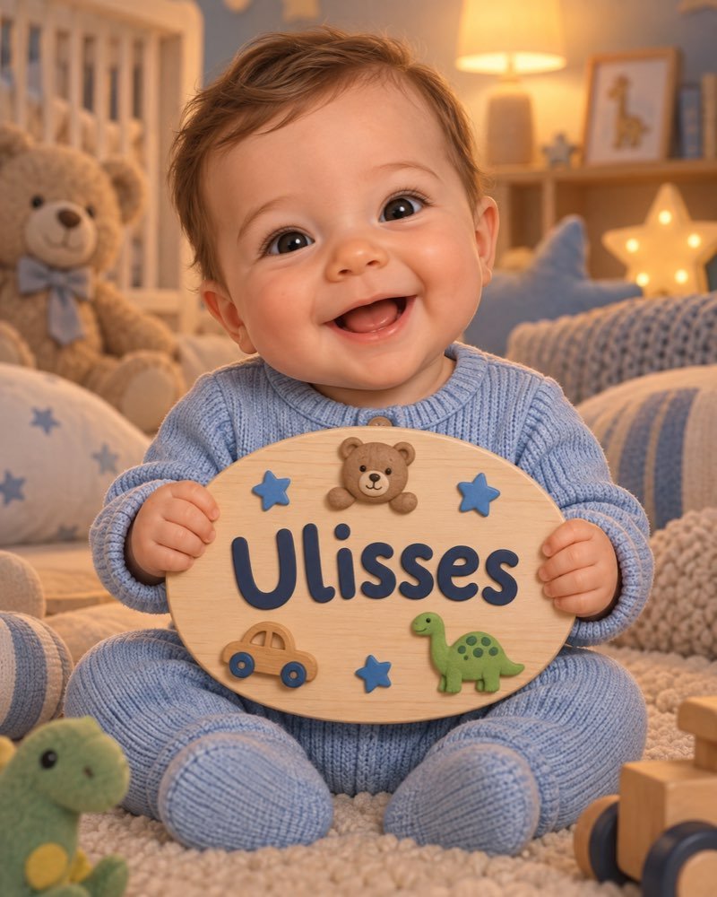 Ilustração de bebê segurando plaquinha com o nome Ulisses