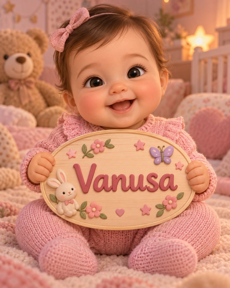 Ilustração de bebê segurando plaquinha com o nome Vanusa
