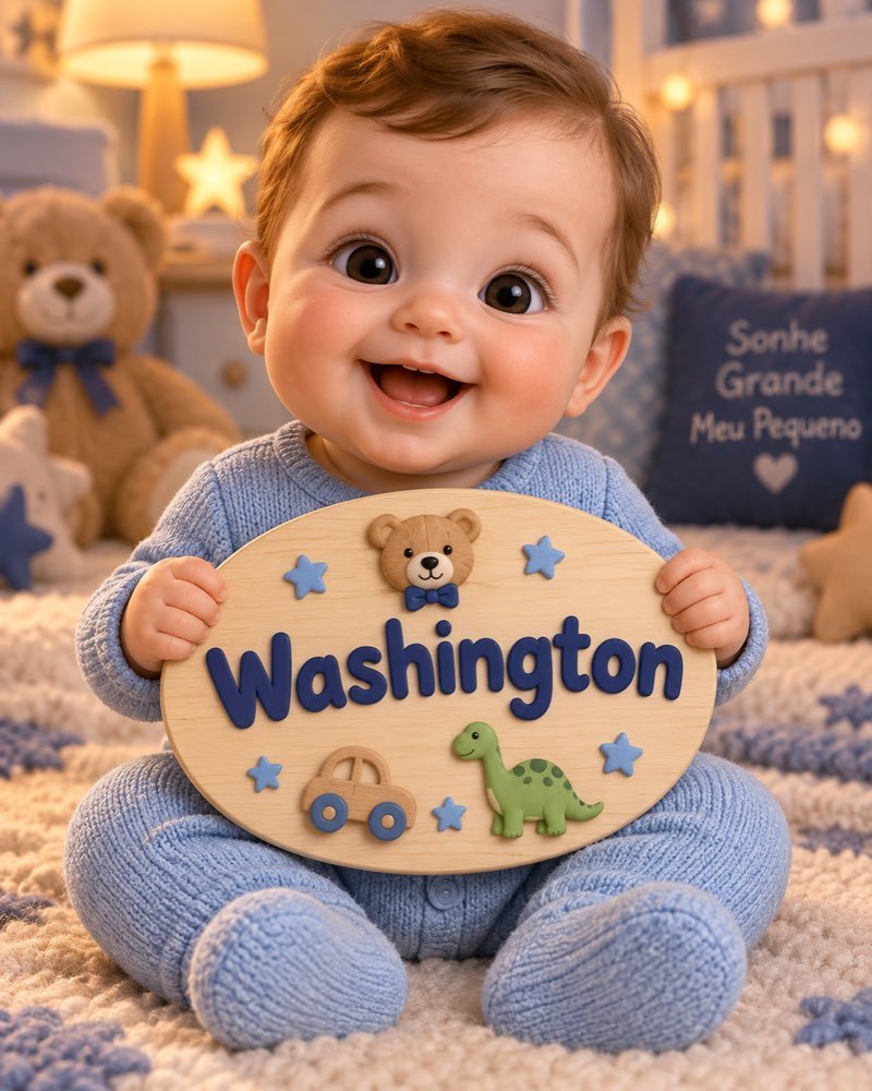Ilustração de bebê segurando plaquinha com o nome Washington